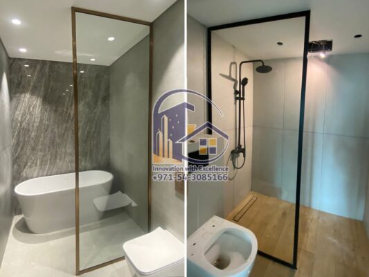 golden and black frame shower screen