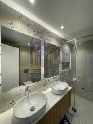 backlit mirror and shower enclosure