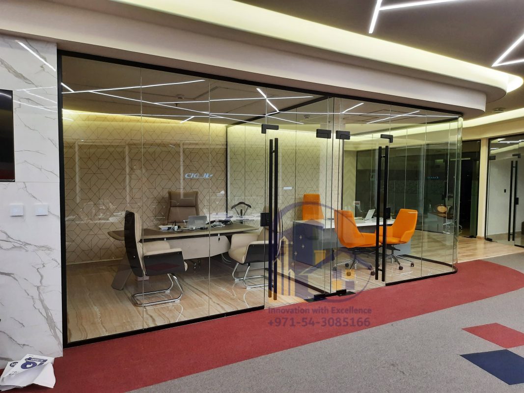 full height glass partition with long handle