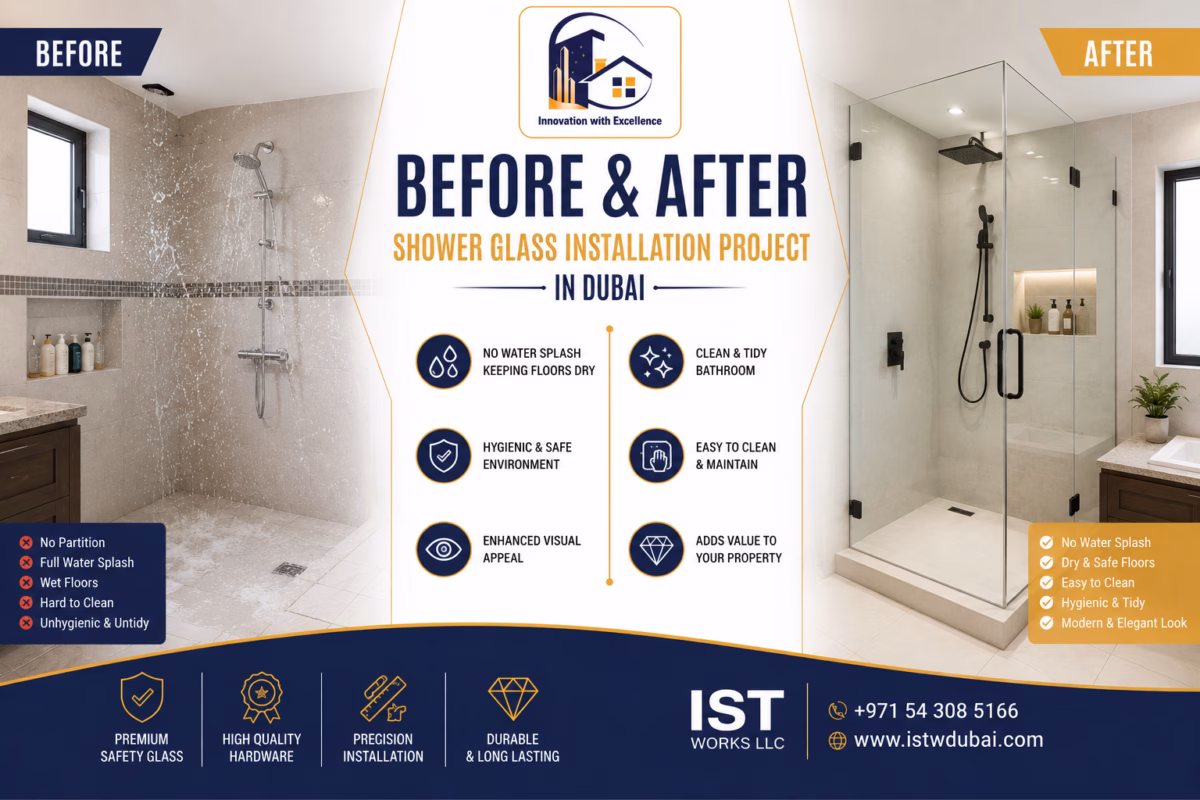 before & after shower glass partition in Dubai